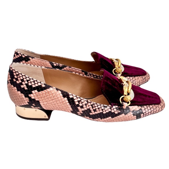 Tory Burch ‘Jessa’ Burgundy Velvet and Pink Snakeskin Embossed Loafers, Size 6.5 - Picture 2 of 9